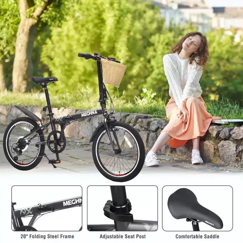 Bicicleta Plegable Okak de 20 pulgadas con Cesta Delantera, Soporte para Teléfono y Guardabarros, Bicicleta de 6 Velocidades para Adultos con Cuadro de Acero y Frenos V Dobles, Bicicleta para Hombres y Mujeres