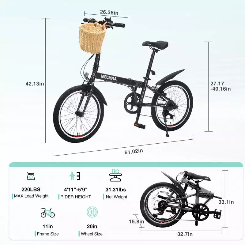 Bicicleta Plegable Okak de 20 pulgadas con Cesta Delantera, Soporte para Teléfono y Guardabarros, Bicicleta de 6 Velocidades para Adultos con Cuadro de Acero y Frenos V Dobles, Bicicleta para Hombres y Mujeres