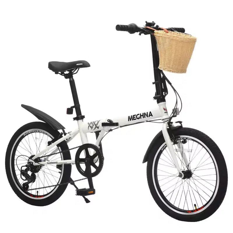Bicicleta Plegable Okak de 20 pulgadas con Cesta Delantera, Soporte para Teléfono y Guardabarros, Bicicleta de 6 Velocidades para Adultos con Cuadro de Acero y Frenos V Dobles, Bicicleta para Hombres y Mujeres