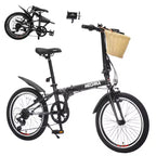 Bicicleta Plegable Okak de 20 pulgadas con Cesta Delantera, Soporte para Teléfono y Guardabarros, Bicicleta de 6 Velocidades para Adultos con Cuadro de Acero y Frenos V Dobles, Bicicleta para Hombres y Mujeres