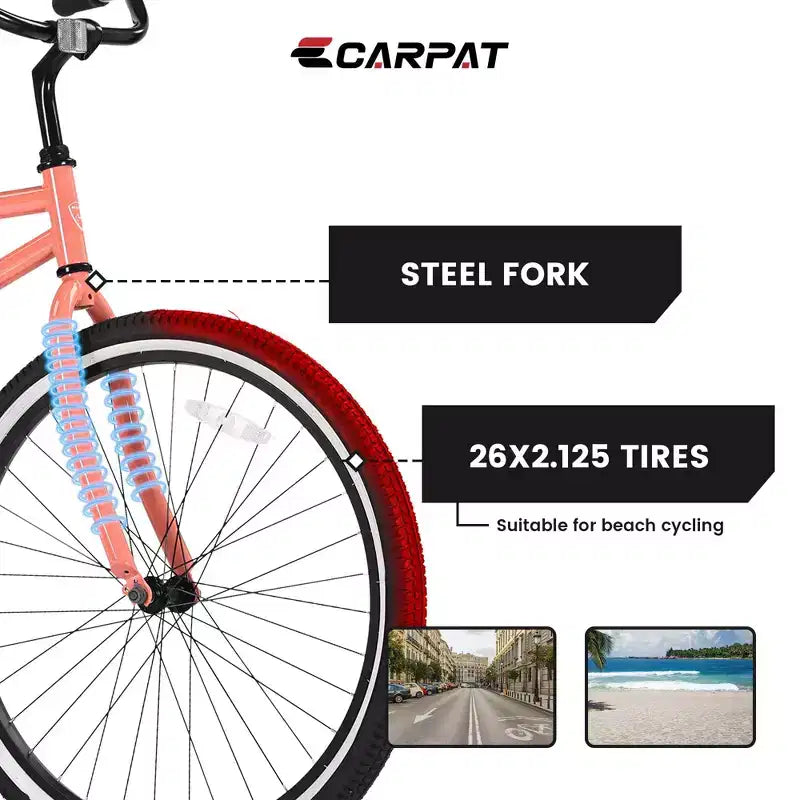 Bicicletas de crucero de playa Okak 26IN con cuadro de acero, transmisión de una velocidad, bicicleta para adultos con paseos cómodos, bicicleta para hombres y mujeres, rosa