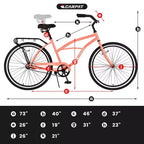 Bicicletas de crucero de playa Okak 26IN con cuadro de acero, transmisión de una velocidad, bicicleta para adultos con paseos cómodos, bicicleta para hombres y mujeres, rosa