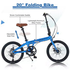 Bicicleta Plegable Okak de 20 Pulgadas con Cuadro de Aluminio Ligero, Bicicletas Cruiser de 7 Velocidades con Asiento y Manillar Ajustables para Traslados Urbanos, Azul