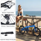 Bicicleta Plegable Okak de 20 Pulgadas con Cuadro de Aluminio Ligero, Bicicletas Cruiser de 7 Velocidades con Asiento y Manillar Ajustables para Traslados Urbanos, Azul