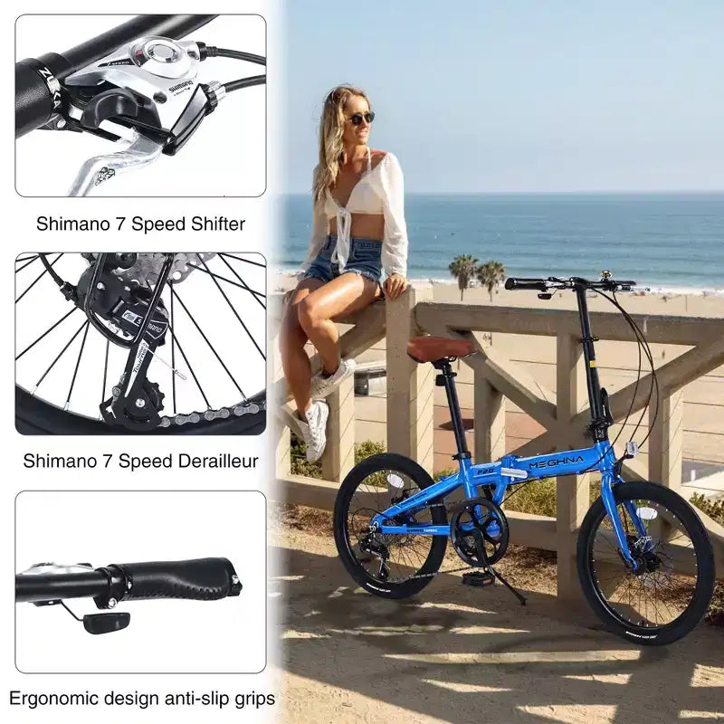 Bicicleta Plegable Okak de 20 Pulgadas con Cuadro de Aluminio Ligero, Bicicletas Cruiser de 7 Velocidades con Asiento y Manillar Ajustables para Traslados Urbanos, Azul