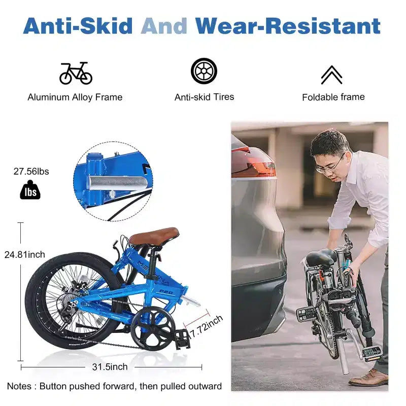 Bicicleta Plegable Okak de 20 Pulgadas con Cuadro de Aluminio Ligero, Bicicletas Cruiser de 7 Velocidades con Asiento y Manillar Ajustables para Traslados Urbanos, Azul