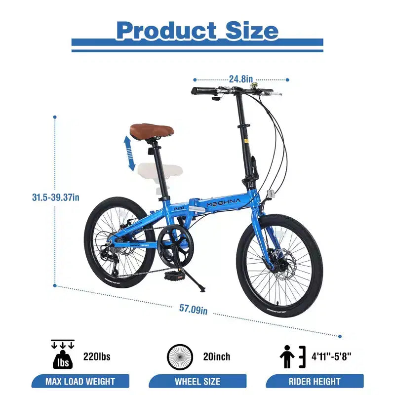 Bicicleta Plegable Okak de 20 Pulgadas con Cuadro de Aluminio Ligero, Bicicletas Cruiser de 7 Velocidades con Asiento y Manillar Ajustables para Traslados Urbanos, Azul