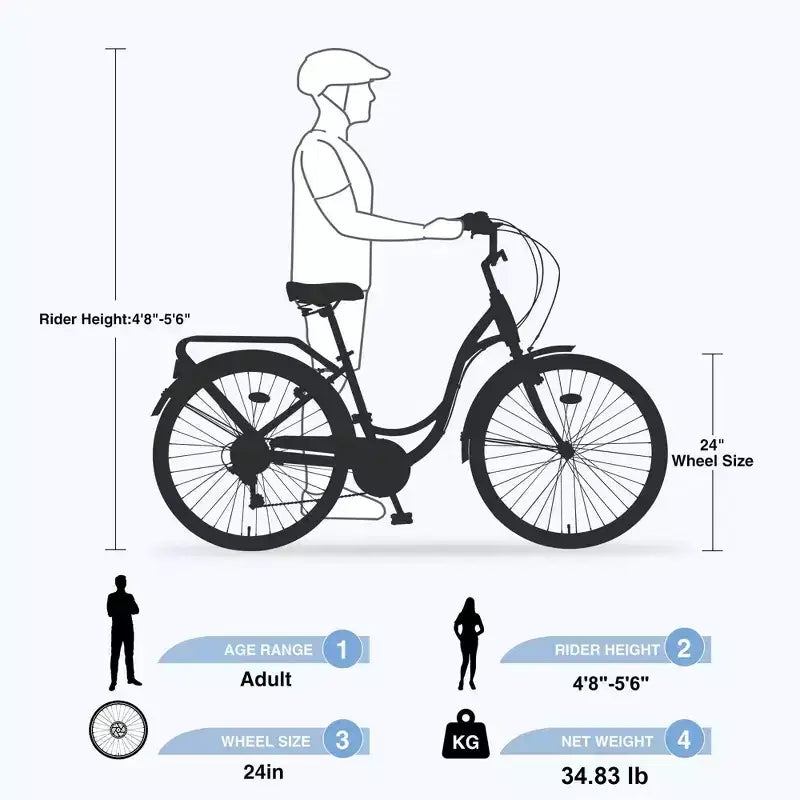 Bicicleta de playa NAYSAYE 24 para mujer, bicicleta de 7 velocidades, bicicletas de crucero completas con doble freno en V, bicicleta urbana para mujer y hombre