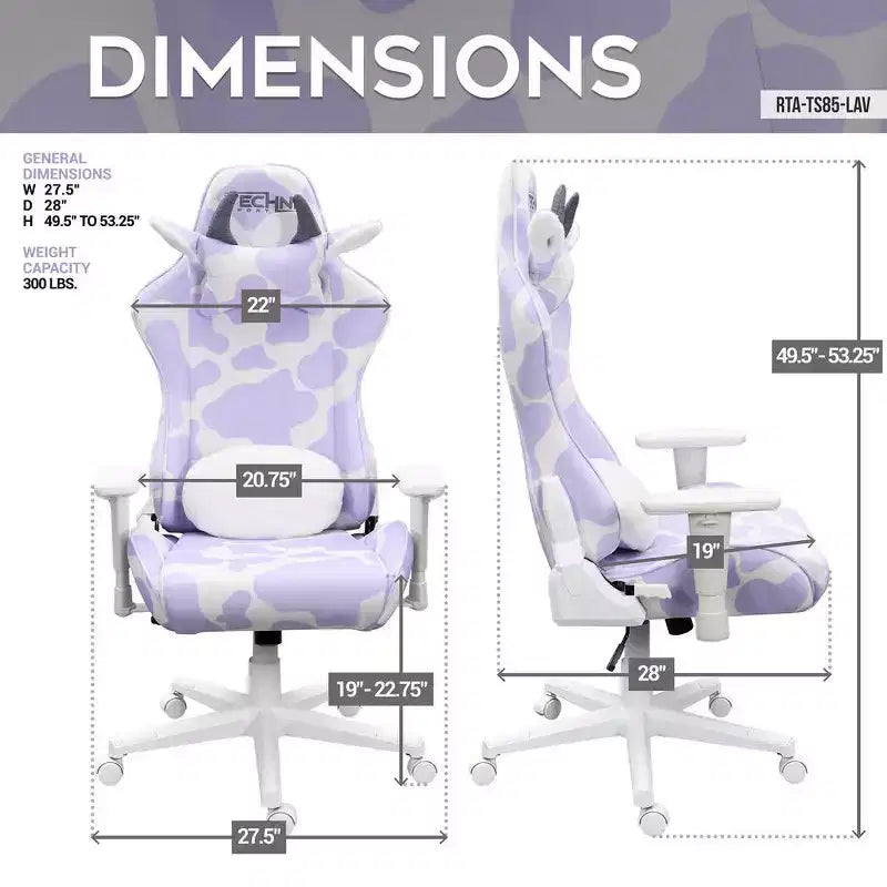 Silla de juego TS85 Lavanda con estampado de la serie COW