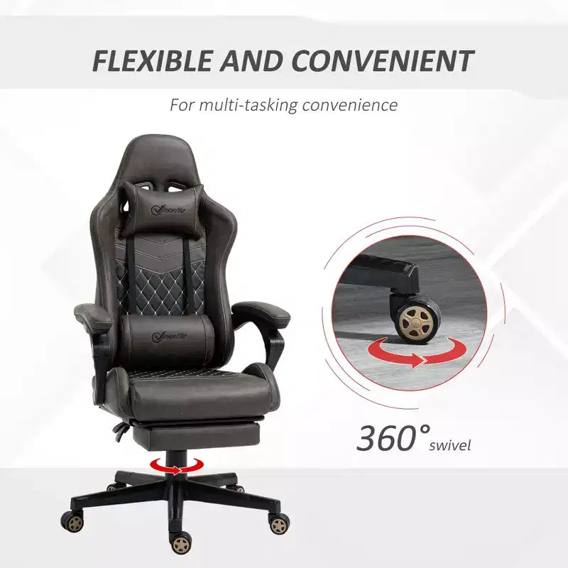 Silla Gaming de Carreras de Piel Sintética con Diseño de Diamante, Silla de Oficina Gamer Reclinable Giratoria con Reposapiés, Soporte Lumbar y Altura Ajustable