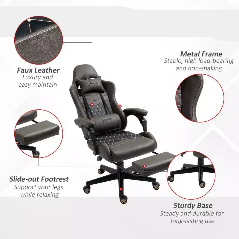 Silla Gaming de Carreras de Piel Sintética con Diseño de Diamante, Silla de Oficina Gamer Reclinable Giratoria con Reposapiés, Soporte Lumbar y Altura Ajustable
