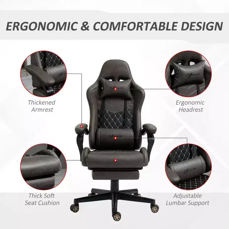 Silla Gaming de Carreras de Piel Sintética con Diseño de Diamante, Silla de Oficina Gamer Reclinable Giratoria con Reposapiés, Soporte Lumbar y Altura Ajustable