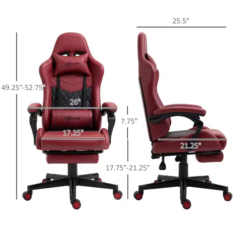 Silla Gaming de Carreras de Piel Sintética con Diseño de Diamante, Silla de Oficina Gamer Reclinable Giratoria con Reposapiés, Soporte Lumbar y Altura Ajustable