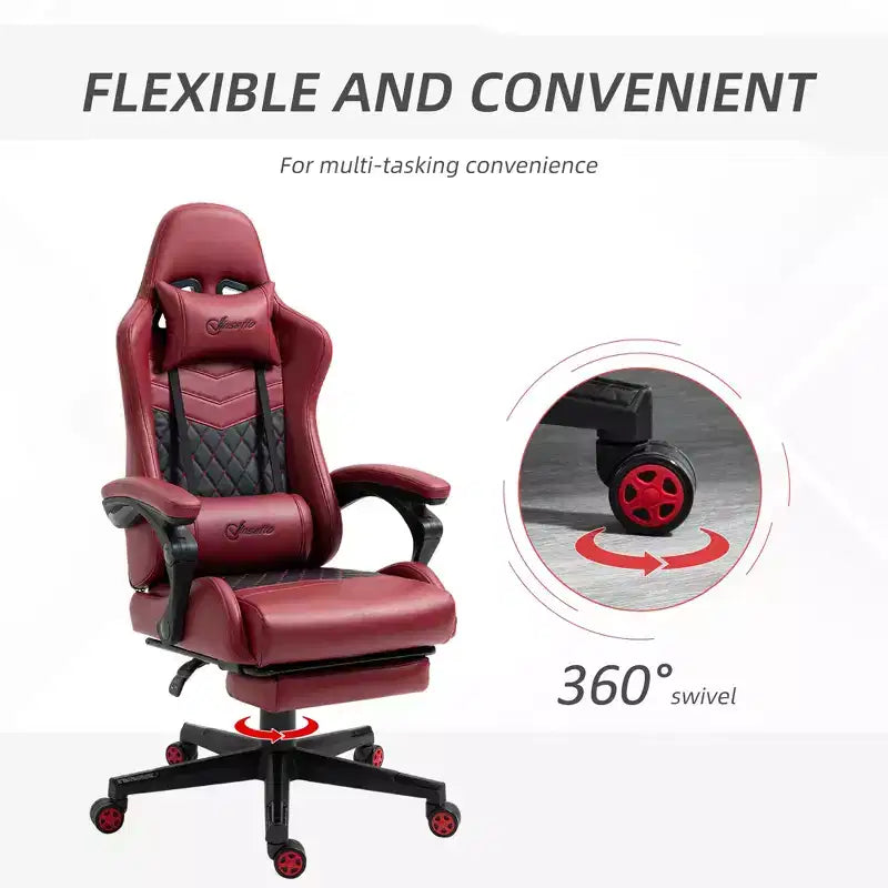 Silla Gaming de Carreras de Piel Sintética con Diseño de Diamante, Silla de Oficina Gamer Reclinable Giratoria con Reposapiés, Soporte Lumbar y Altura Ajustable