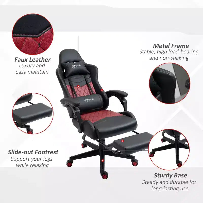 Silla Gaming de Carreras de Piel Sintética con Diseño de Diamante, Silla de Oficina Gamer Reclinable Giratoria con Reposapiés, Soporte Lumbar y Altura Ajustable