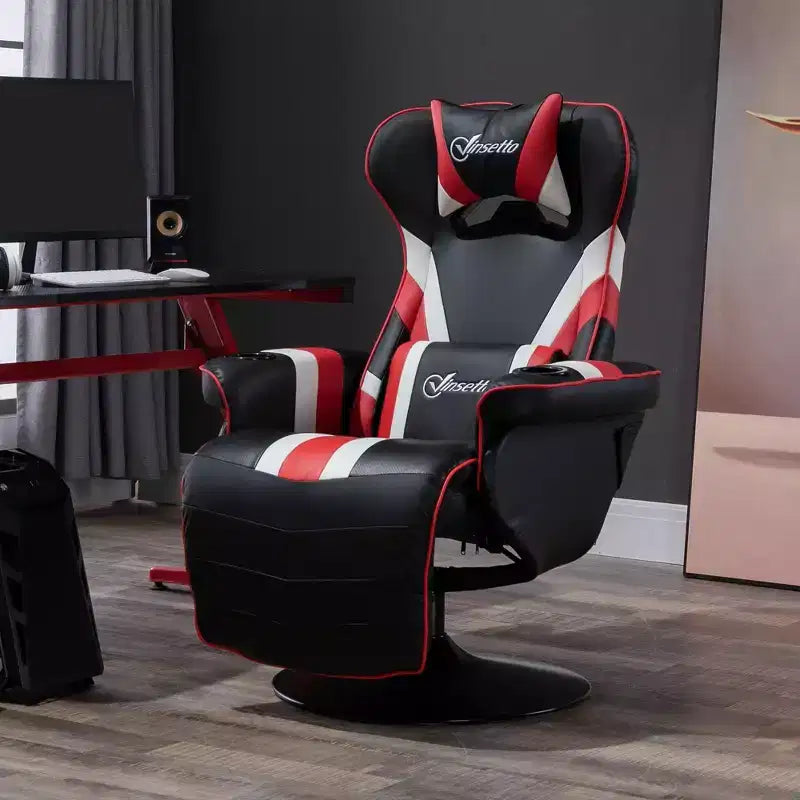 Sillón de oficina gaming, estilo racing con reposapiés y soporte lumbar/blanco/rojo