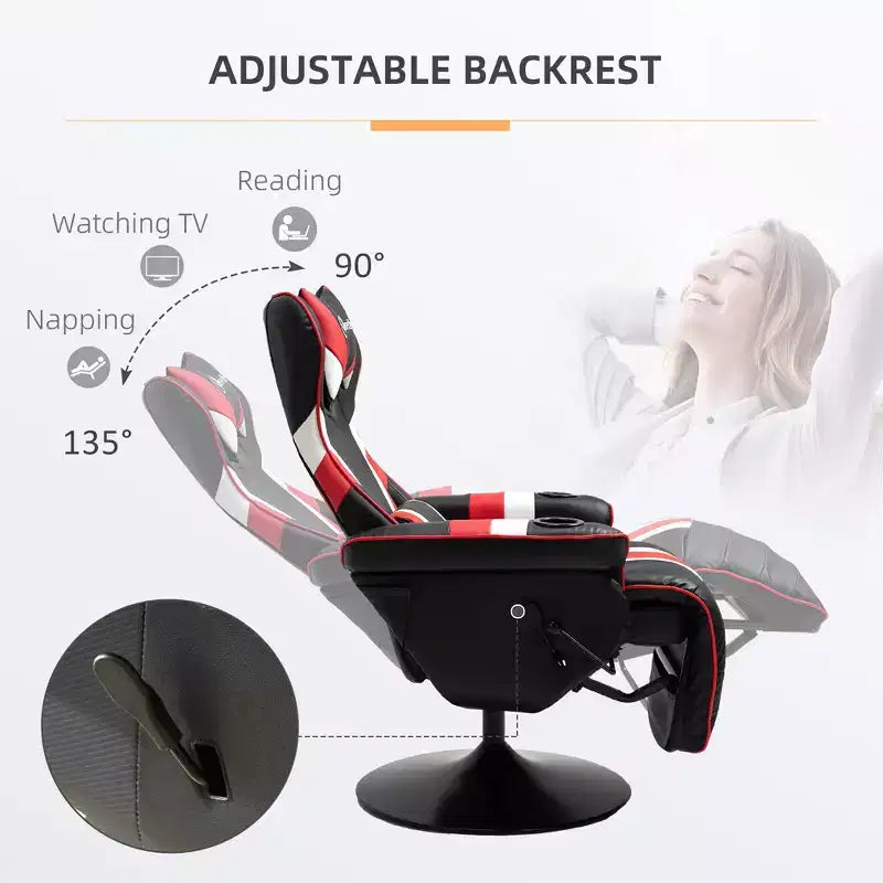 Sillón de oficina gaming, estilo racing con reposapiés y soporte lumbar/blanco/rojo
