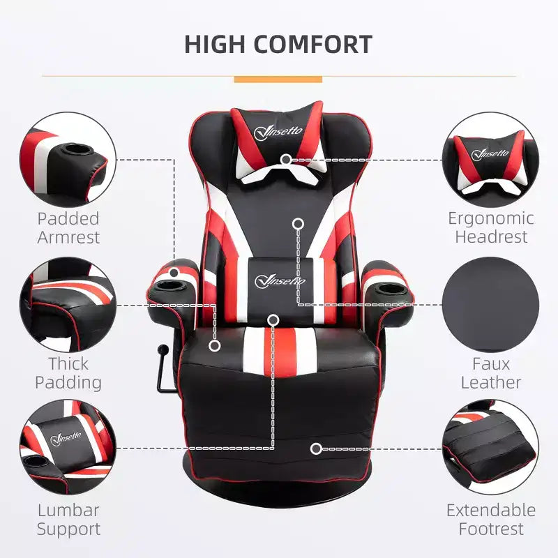 Sillón de oficina gaming, estilo racing con reposapiés y soporte lumbar/blanco/rojo