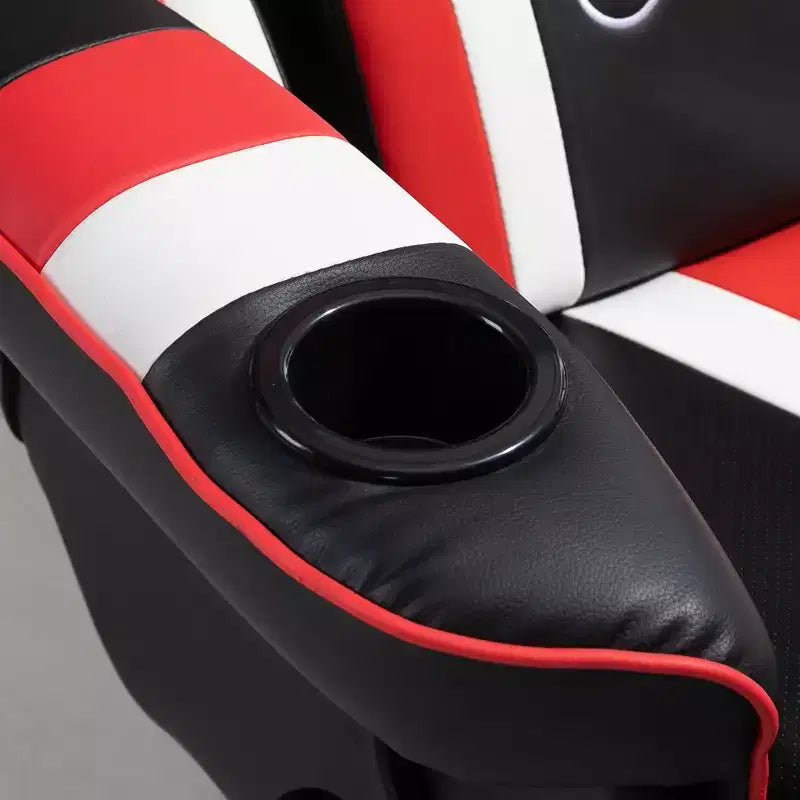 Sillón de oficina gaming, estilo racing con reposapiés y soporte lumbar/blanco/rojo