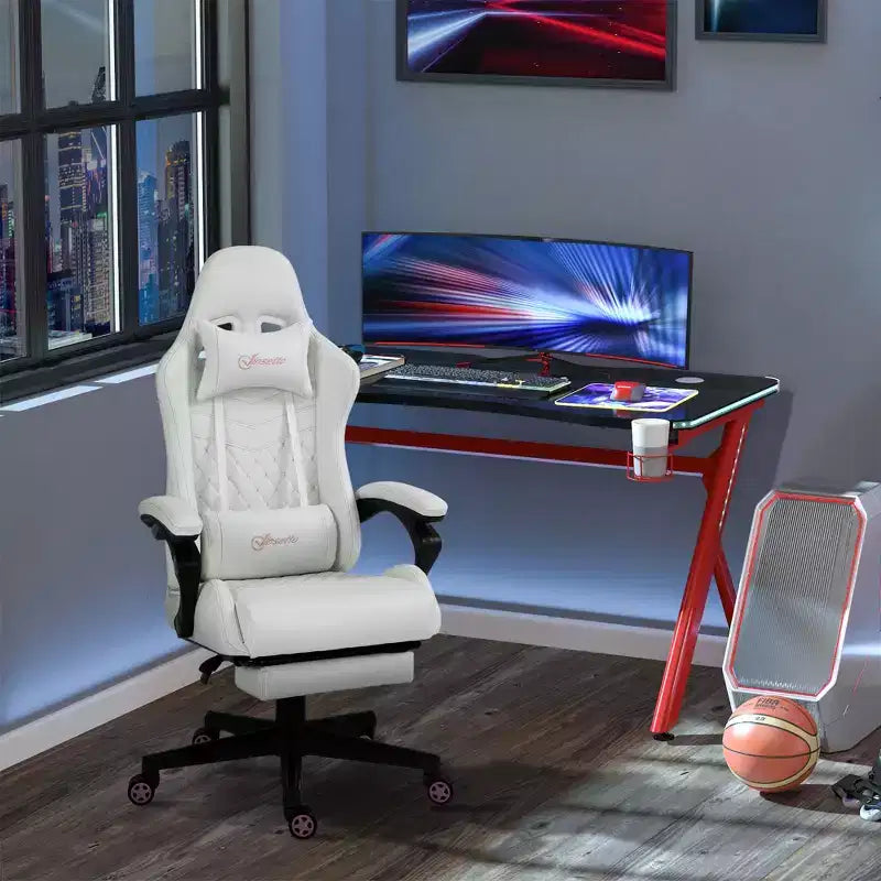 Silla Gaming de Cuero PU con Respaldo Alto, Silla de Ordenador de Carreras con Ruedas Giratorias, Reposapiés Retráctil, Reposacabezas, Soporte Lumbar y Reposabrazos