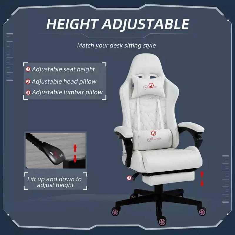 Silla Gaming de Cuero PU con Respaldo Alto, Silla de Ordenador de Carreras con Ruedas Giratorias, Reposapiés Retráctil, Reposacabezas, Soporte Lumbar y Reposabrazos