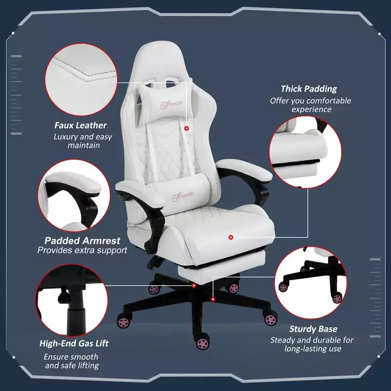 Silla Gaming de Cuero PU con Respaldo Alto, Silla de Ordenador de Carreras con Ruedas Giratorias, Reposapiés Retráctil, Reposacabezas, Soporte Lumbar y Reposabrazos