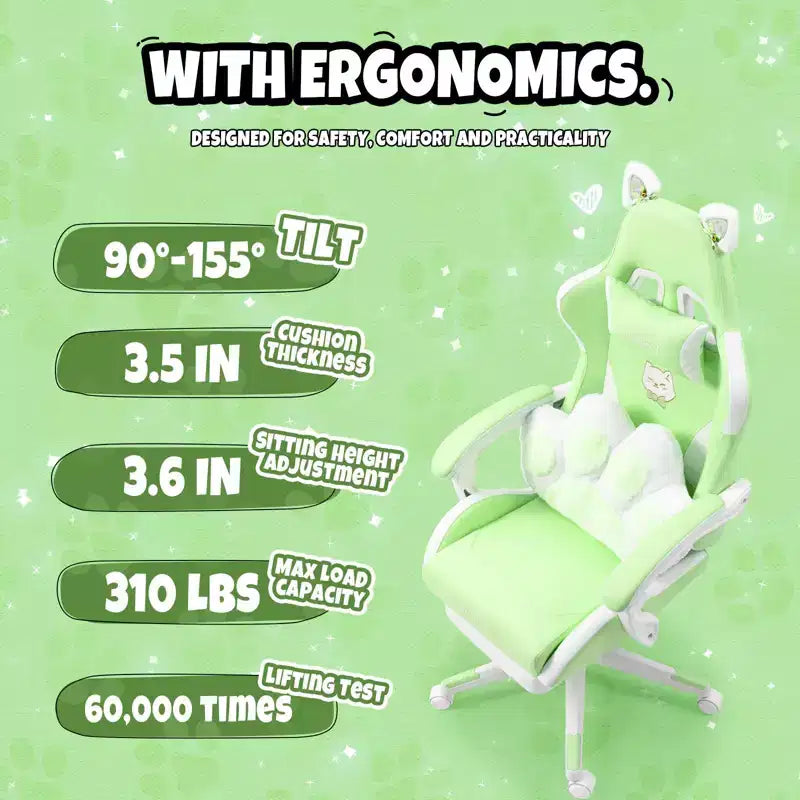 Silla giratoria de juego Okak moderna y linda con diseño de gato y cojín lumbar con forma de pata, silla de oficina ergonómica de respaldo alto para adultos