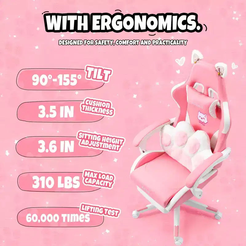 Silla giratoria de juego Okak moderna y linda con diseño de gato y cojín lumbar con forma de pata, silla de oficina ergonómica de respaldo alto para adultos
