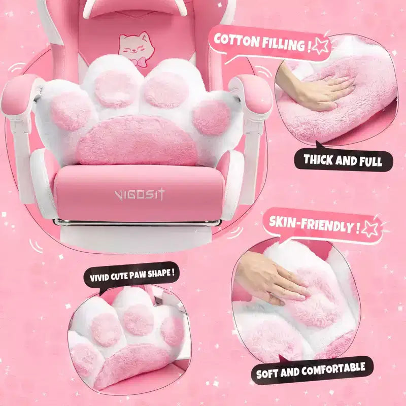 Silla giratoria de juego Okak moderna y linda con diseño de gato y cojín lumbar con forma de pata, silla de oficina ergonómica de respaldo alto para adultos