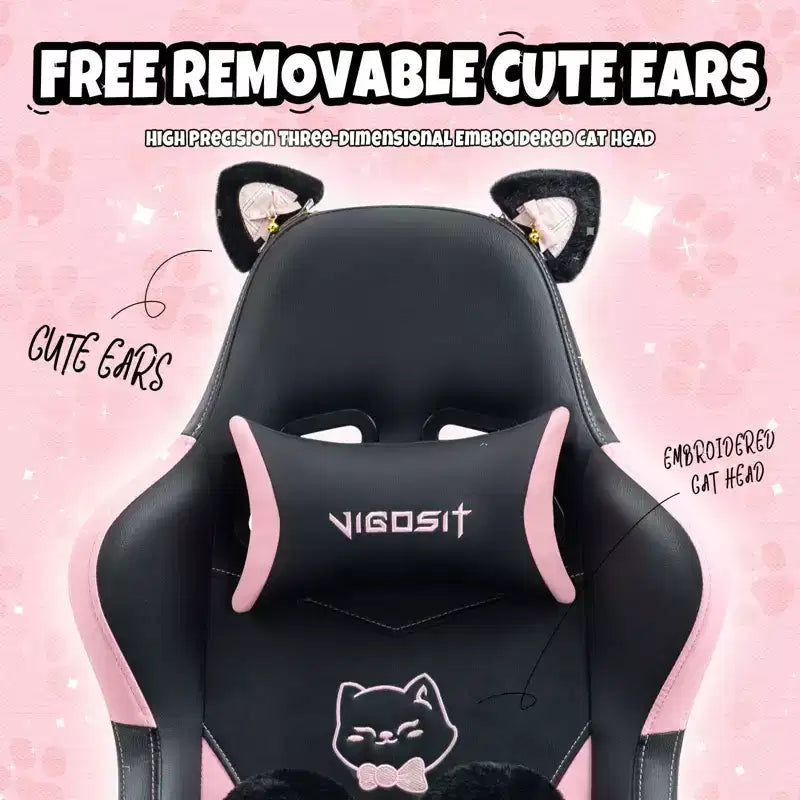 Silla giratoria de juego Okak moderna y linda con diseño de gato y cojín lumbar con forma de pata, silla de oficina ergonómica de respaldo alto para adultos
