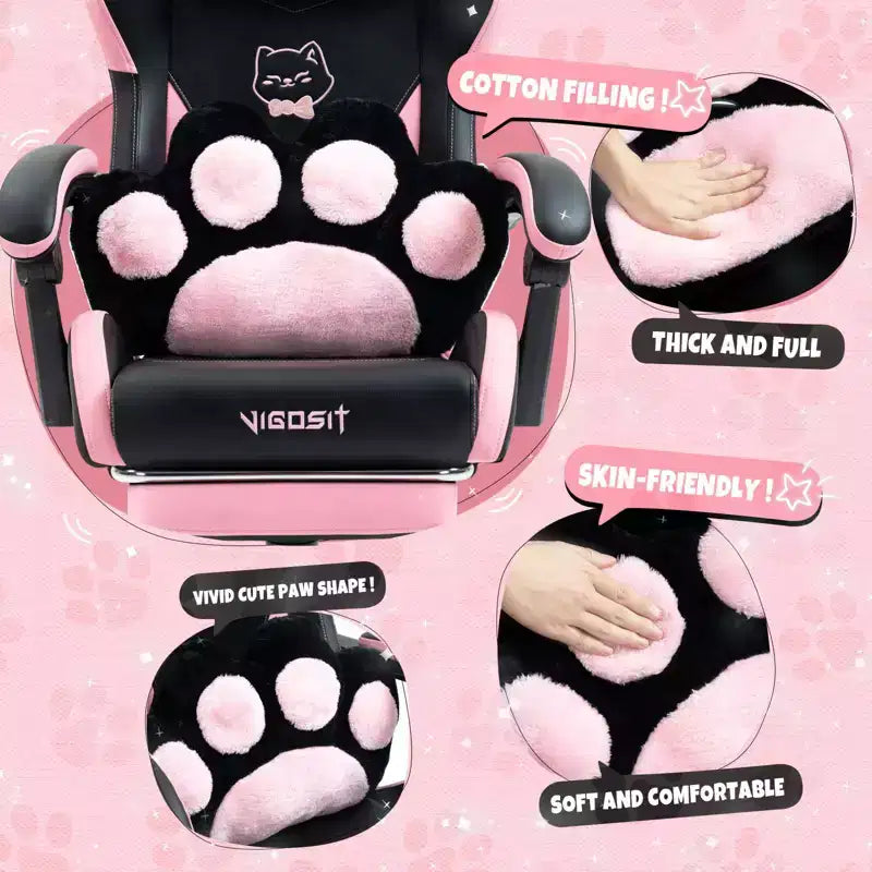 Silla giratoria de juego Okak moderna y linda con diseño de gato y cojín lumbar con forma de pata, silla de oficina ergonómica de respaldo alto para adultos
