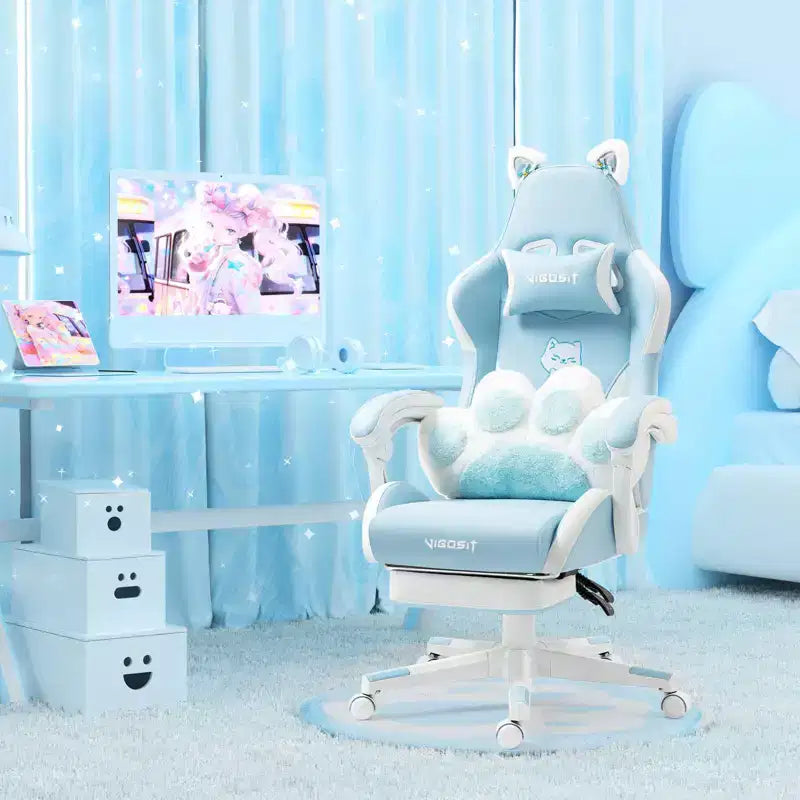 Silla giratoria de juego Okak moderna y linda con diseño de gato y cojín lumbar con forma de pata, silla de oficina ergonómica de respaldo alto para adultos