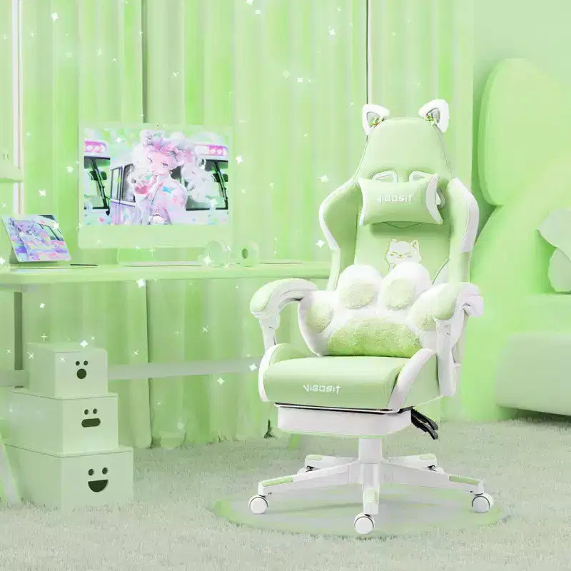 Silla giratoria de juego Okak moderna y linda con diseño de gato y cojín lumbar con forma de pata, silla de oficina ergonómica de respaldo alto para adultos
