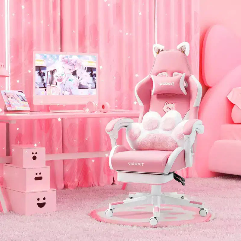 Silla giratoria de juego Okak moderna y linda con diseño de gato y cojín lumbar con forma de pata, silla de oficina ergonómica de respaldo alto para adultos