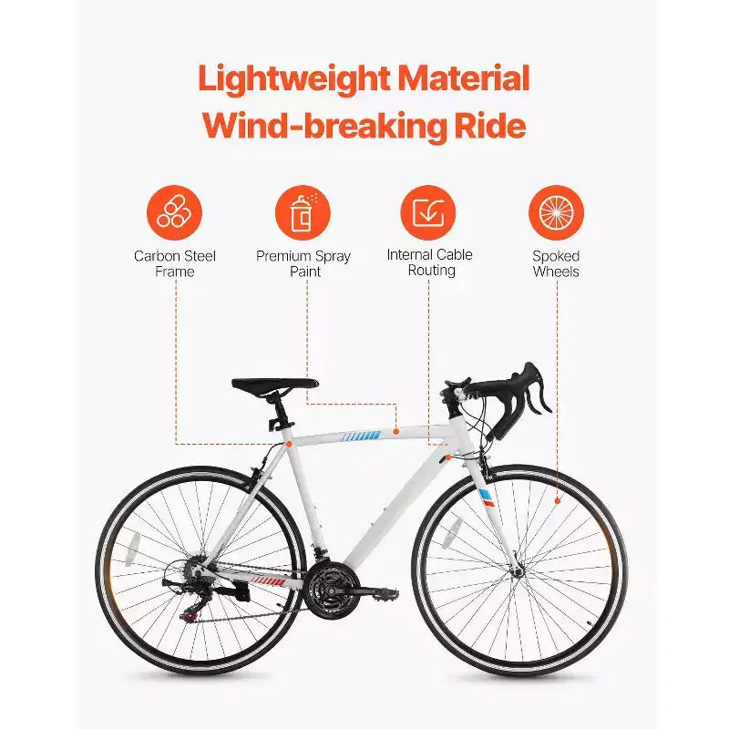Bicicleta de Carretera de Acero al Carbono de 21 Velocidades con Transmisión Shimano, Neumáticos 700x25C, Manillar de Carretera, Bicicleta Urbana