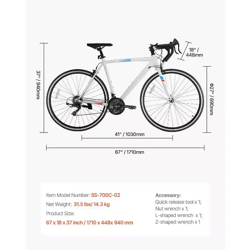Bicicleta de Carretera de Acero al Carbono de 21 Velocidades con Transmisión Shimano, Neumáticos 700x25C, Manillar de Carretera, Bicicleta Urbana