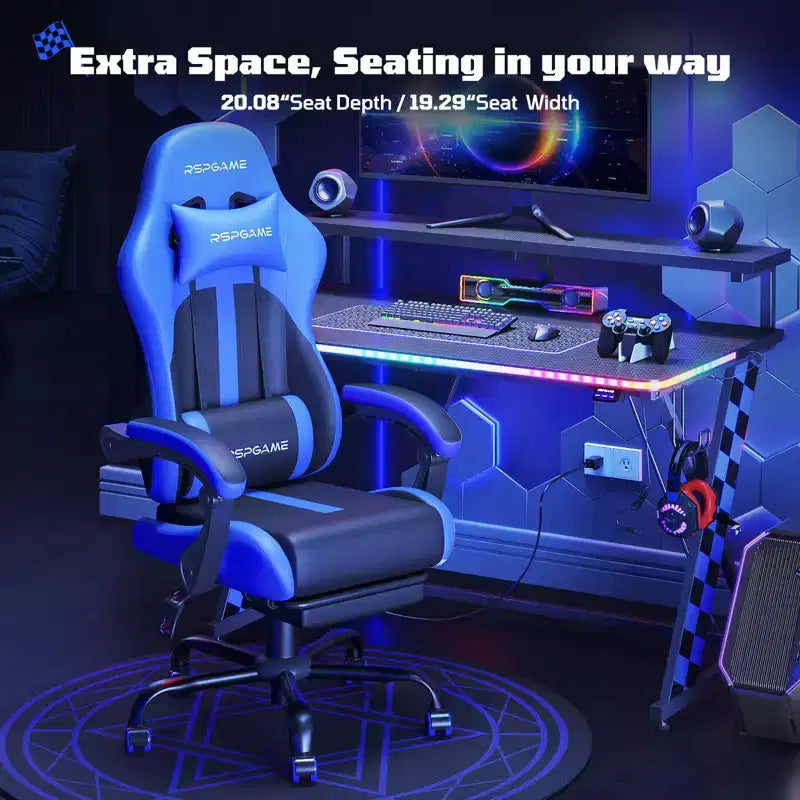 RSPGAME Sillas ergonómicas básicas para juegos de adultos, sillas de oficina de cuero PU con soporte lumbar, cojín de muelles ensacados y reposapiés retráctil