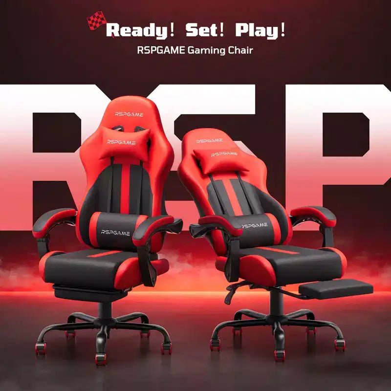 RSPGAME Sillas ergonómicas básicas para juegos de adultos, sillas de oficina de cuero PU con soporte lumbar, cojín de muelles ensacados y reposapiés retráctil