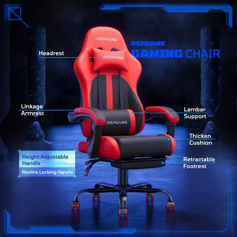 RSPGAME Sillas ergonómicas básicas para juegos de adultos, sillas de oficina de cuero PU con soporte lumbar, cojín de muelles ensacados y reposapiés retráctil