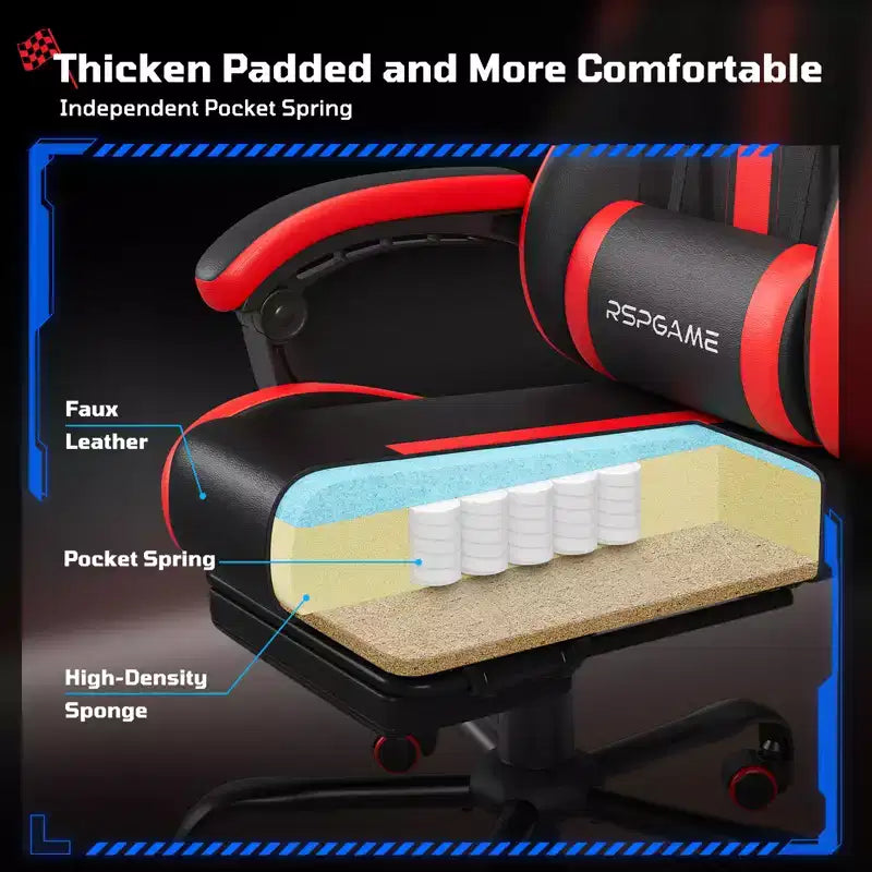 RSPGAME Sillas ergonómicas básicas para juegos de adultos, sillas de oficina de cuero PU con soporte lumbar, cojín de muelles ensacados y reposapiés retráctil