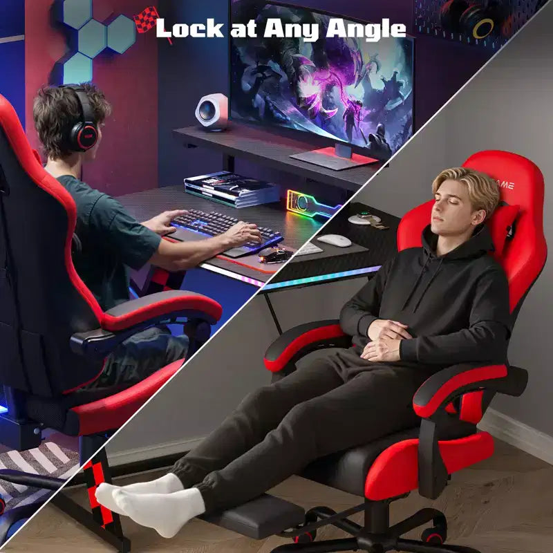 RSPGAME Sillas ergonómicas básicas para juegos de adultos, sillas de oficina de cuero PU con soporte lumbar, cojín de muelles ensacados y reposapiés retráctil