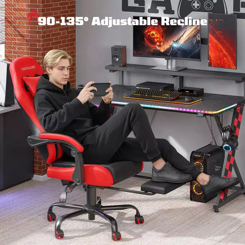 RSPGAME Sillas ergonómicas básicas para juegos de adultos, sillas de oficina de cuero PU con soporte lumbar, cojín de muelles ensacados y reposapiés retráctil