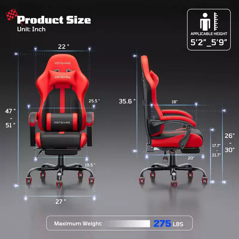 RSPGAME Sillas ergonómicas básicas para juegos de adultos, sillas de oficina de cuero PU con soporte lumbar, cojín de muelles ensacados y reposapiés retráctil