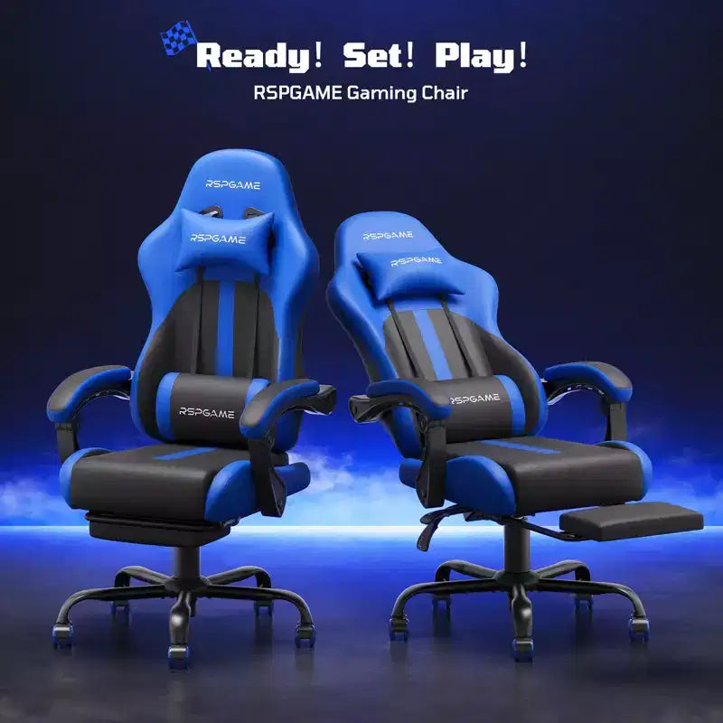 RSPGAME Sillas ergonómicas básicas para juegos de adultos, sillas de oficina de cuero PU con soporte lumbar, cojín de muelles ensacados y reposapiés retráctil