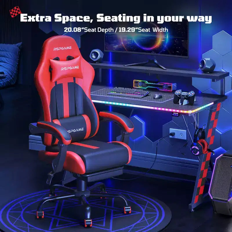 RSPGAME Sillas ergonómicas básicas para juegos de adultos, sillas de oficina de cuero PU con soporte lumbar, cojín de muelles ensacados y reposapiés retráctil