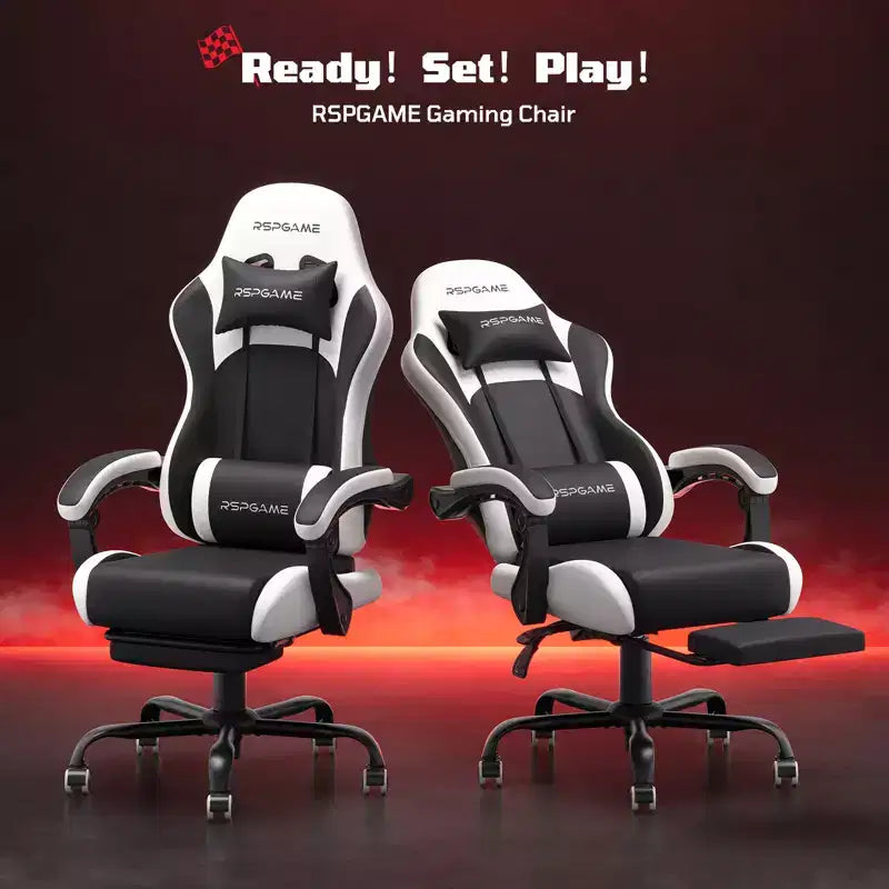 RSPGAME Sillas ergonómicas básicas para juegos de adultos, sillas de oficina de cuero PU con soporte lumbar, cojín de muelles ensacados y reposapiés retráctil