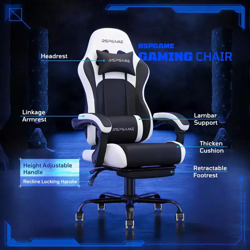 RSPGAME Sillas ergonómicas básicas para juegos de adultos, sillas de oficina de cuero PU con soporte lumbar, cojín de muelles ensacados y reposapiés retráctil