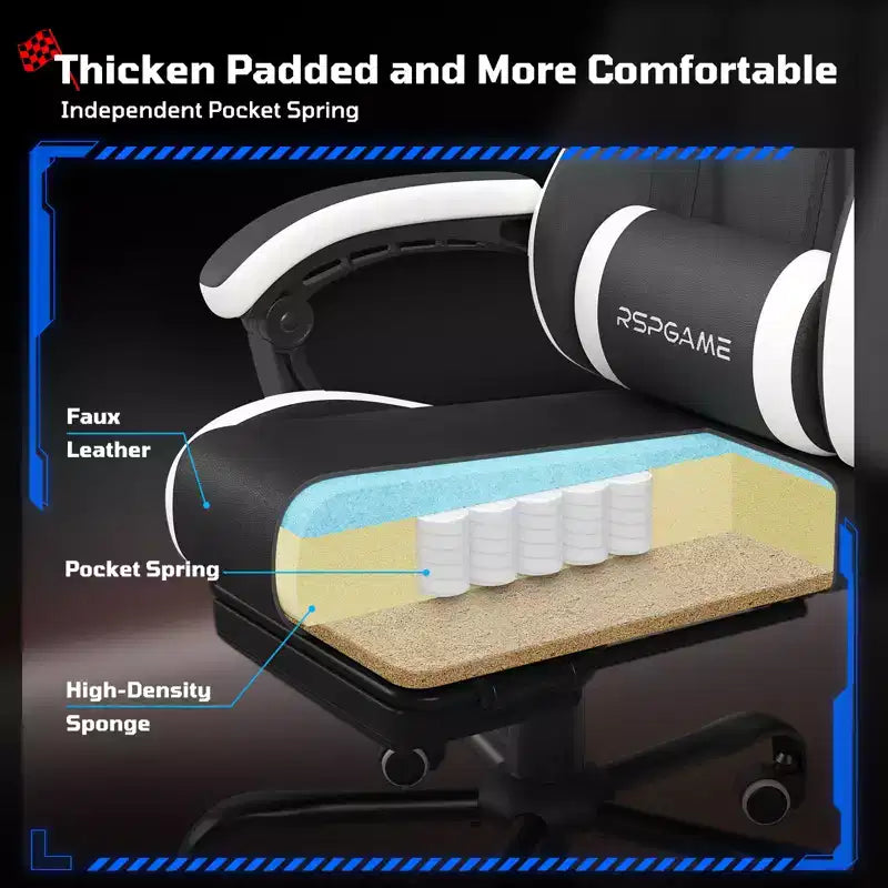 RSPGAME Sillas ergonómicas básicas para juegos de adultos, sillas de oficina de cuero PU con soporte lumbar, cojín de muelles ensacados y reposapiés retráctil