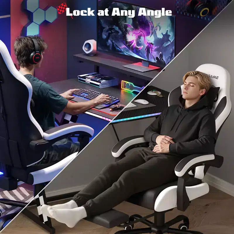 RSPGAME Sillas ergonómicas básicas para juegos de adultos, sillas de oficina de cuero PU con soporte lumbar, cojín de muelles ensacados y reposapiés retráctil
