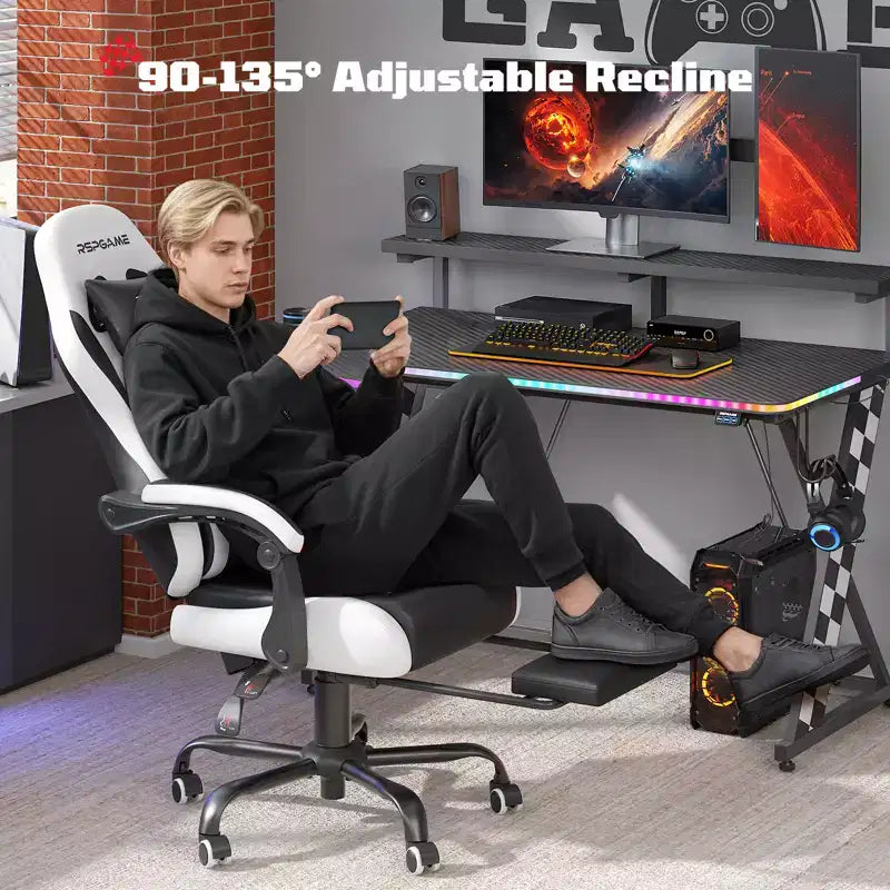RSPGAME Sillas ergonómicas básicas para juegos de adultos, sillas de oficina de cuero PU con soporte lumbar, cojín de muelles ensacados y reposapiés retráctil
